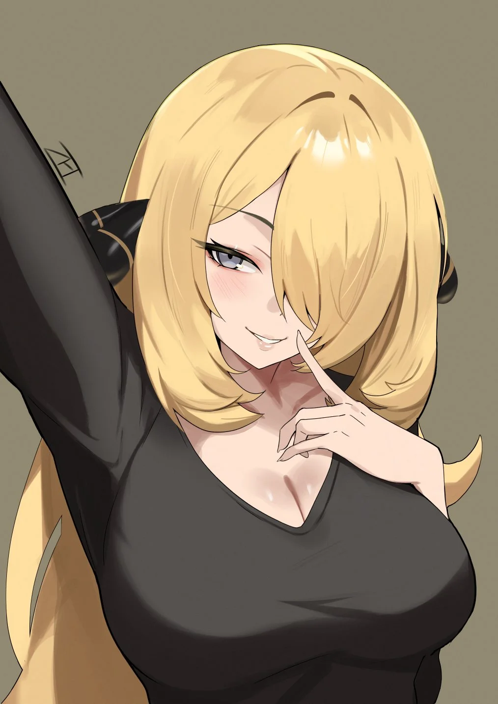 Blushing fan art portrait of Cynthia in black top