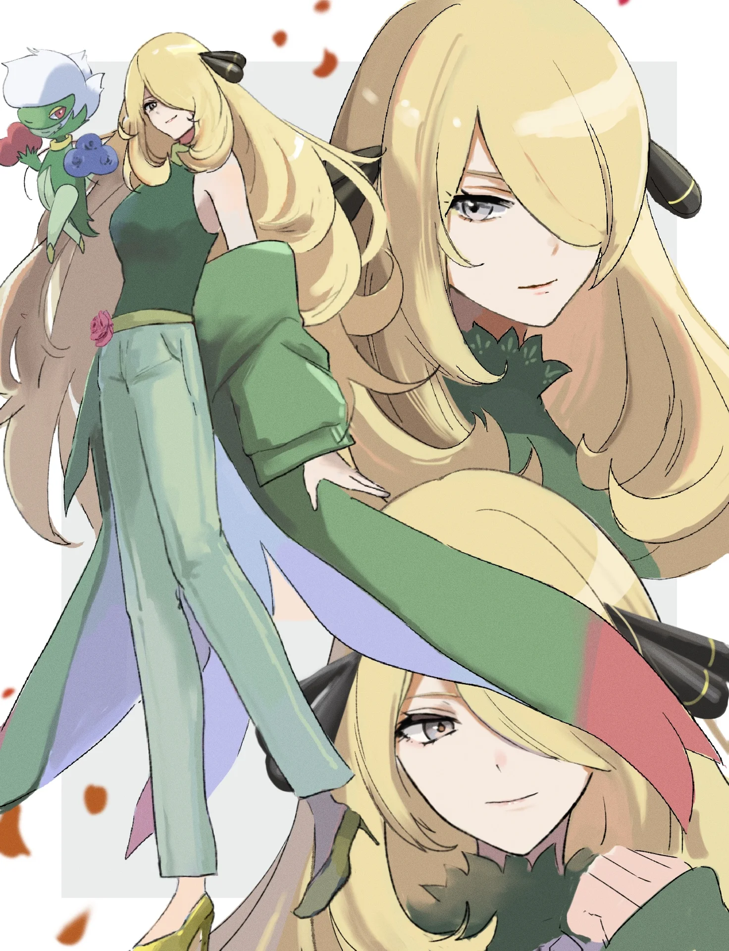 Fan art collage of Cynthia in green outfit with Roserade