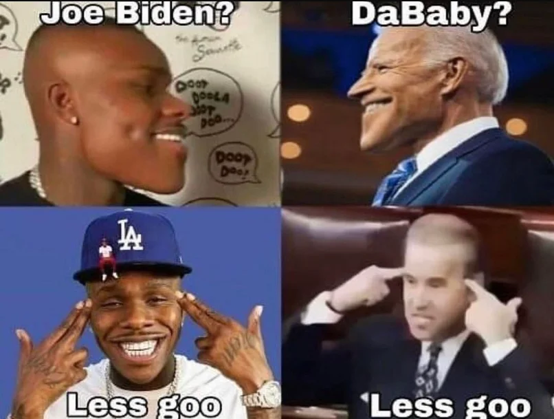Four-panel meme comparing Joe Biden and DaBaby with reaction faces and 'Less goo' text appearing twice.
