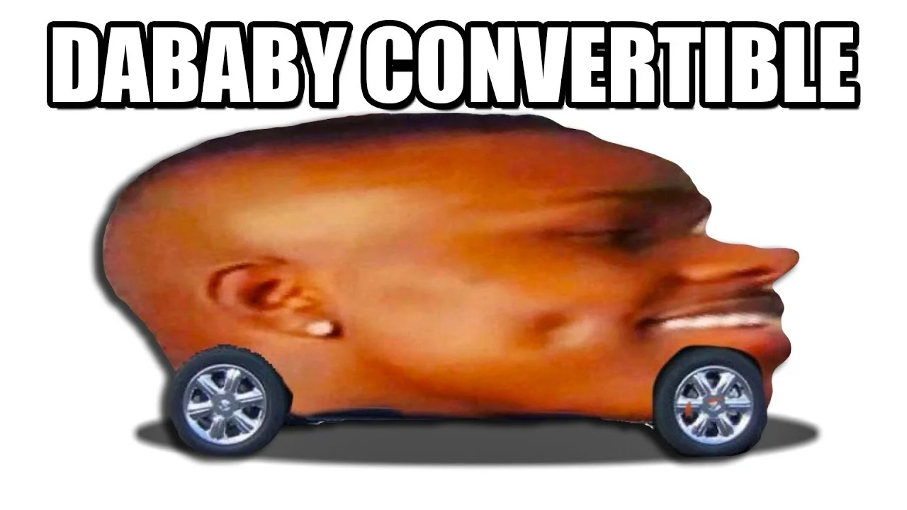 DaBaby's head morphed into convertible sports car with oversized wheels and menacing grill.