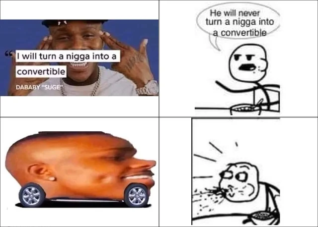 Four-panel meme combining DaBaby's convertible quote with shocked reactions and orange convertible car morphing.