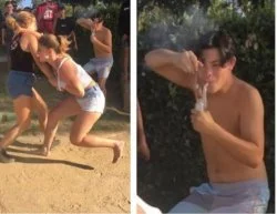 Dabbing — Clean, unmodified two-panel image of people performing the canonical dab dance gesture.