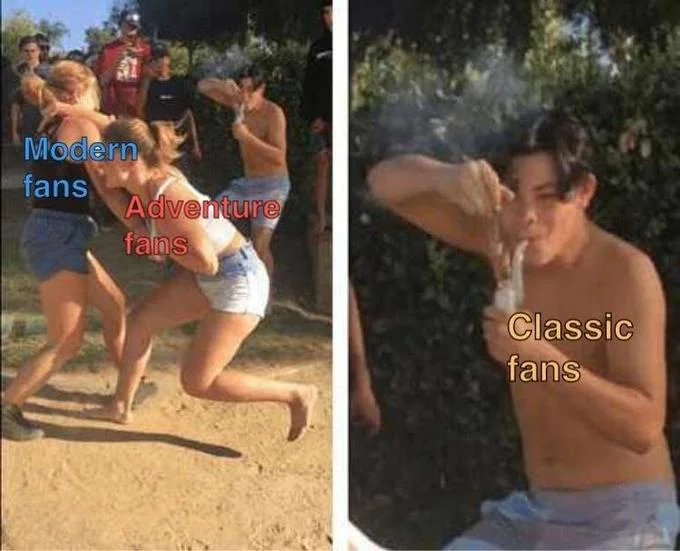Dabbing meme template comparing modern adventure and classic entertainment fans