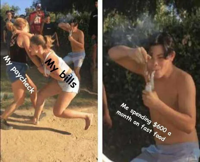 Personal finance dabbing meme about paycheck bills and fast food spending
