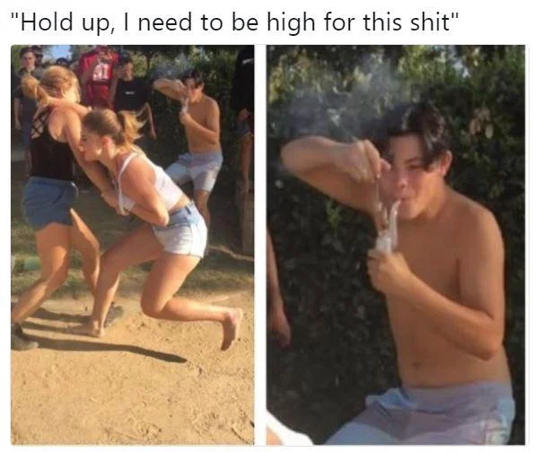 Dabbing — Two-panel image of people performing iconic dab dance gesture with humorous text caption about being high.