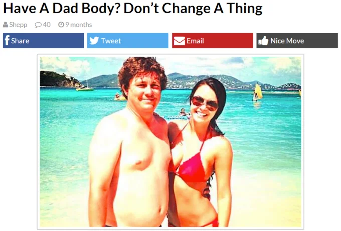 Article headline 'Have A Dad Body? Don't Change A Thing' above a beach photo of a couple