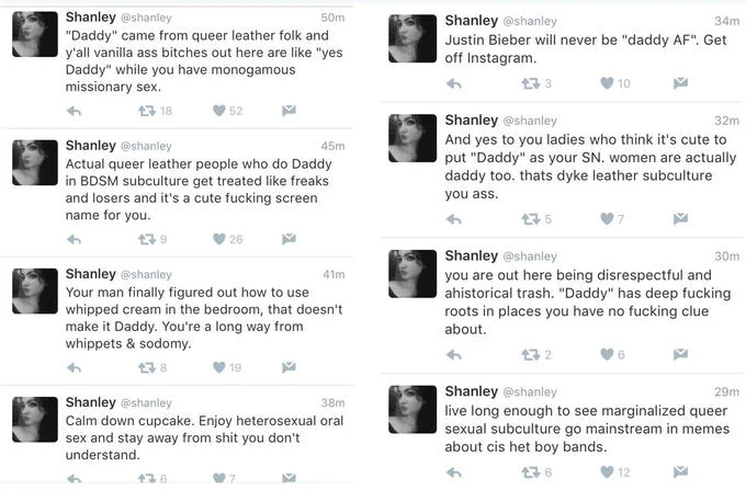 Compiled Twitter thread by @shanley discussing the queer leather subculture origins of the term 'Daddy'