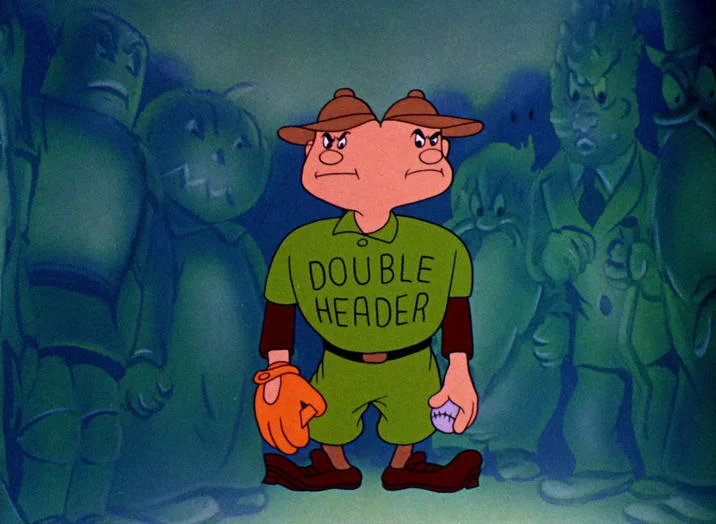Daffy Duck Listing Villains — Illustration of Daffy Duck as Double Header character, two-headed pink/coral figure wearing green clothing.