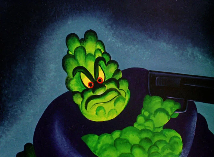 Daffy Duck Listing Villains — Illustration of Daffy Duck as Pickle Puss character, lumpy green figure with menacing expression holding revolver.