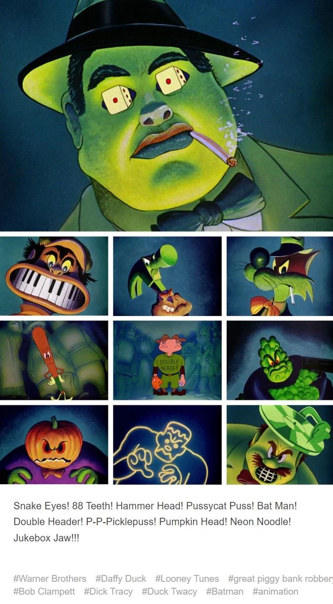 Daffy Duck Listing Villains — Grid layout showcasing Daffy Duck villain characters with descriptive text and hashtags for Detective Duck Twacy storyline.