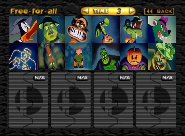 Daffy Duck Listing Villains — Parody fighting game interface showing villain characters with health bars and arcade-style UI labels.
