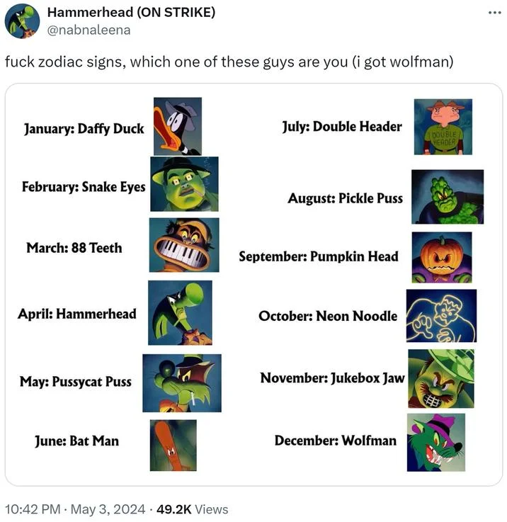 Daffy Duck Listing Villains — Social media post applying zodiac sign associations to villain characters with monthly pairings.