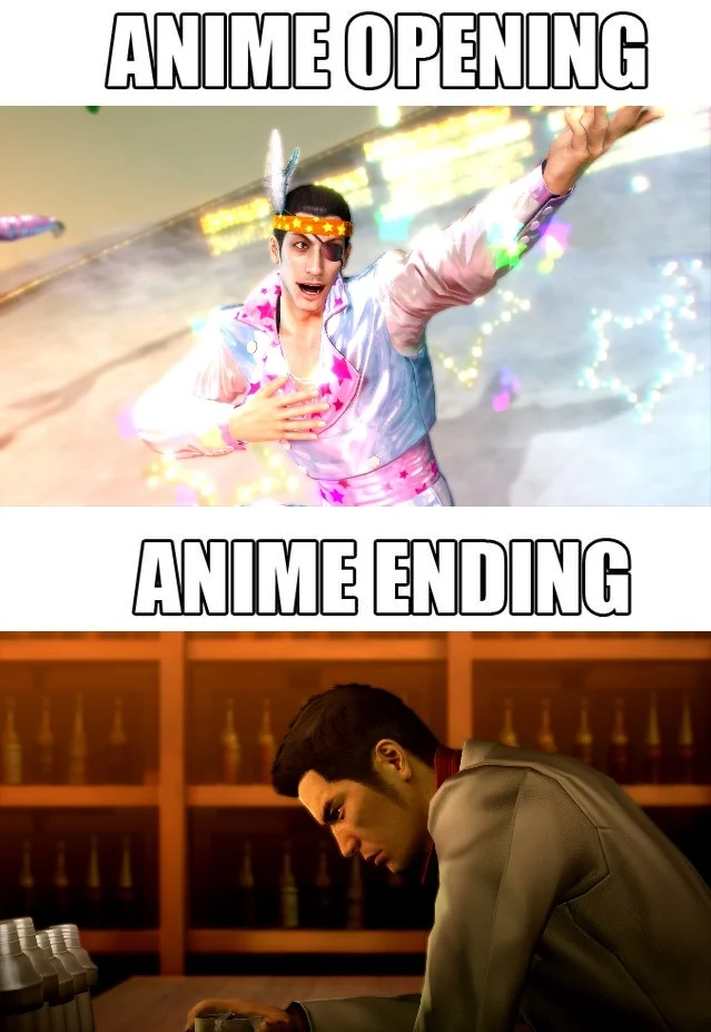 Dame Da Ne — Two-panel meme contrasting flashy Majima as anime opening with somber Kiryu as anime ending