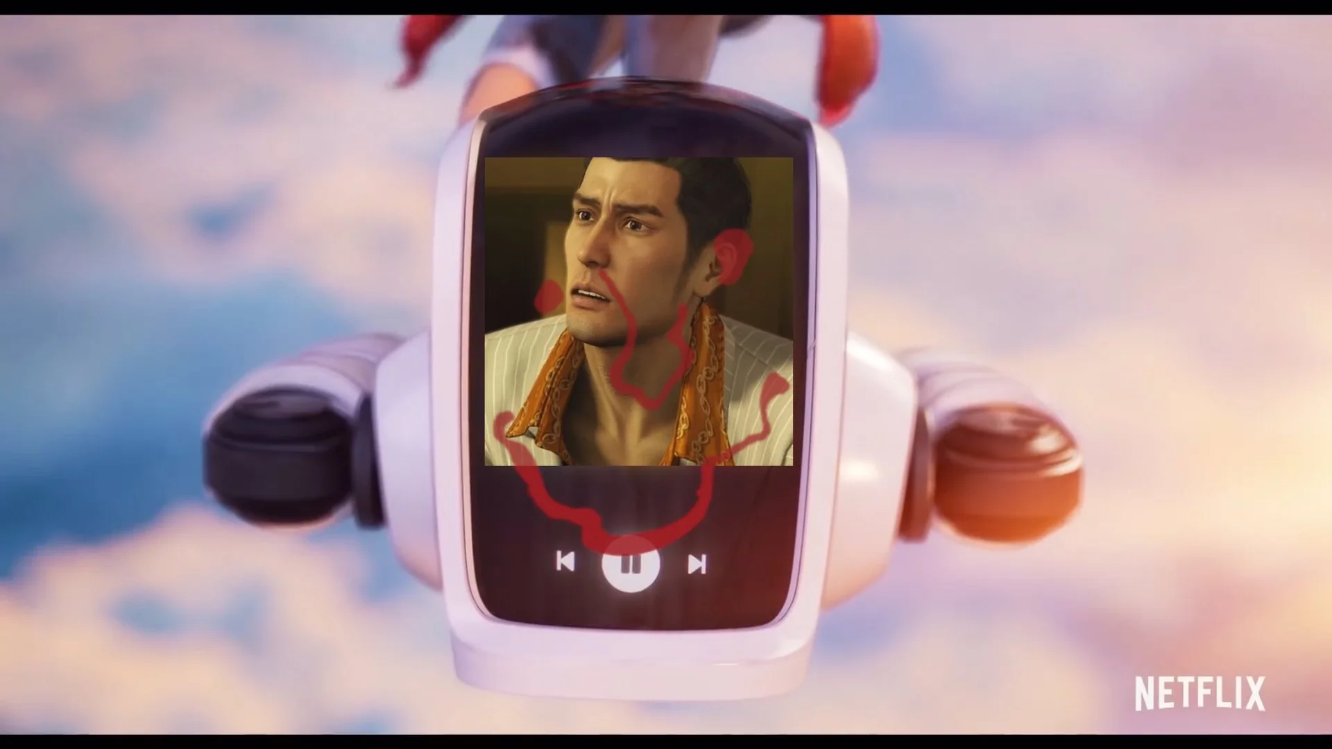 Music player device showing Kiryu's crying Dame Da Ne face on its screen in a Netflix scene
