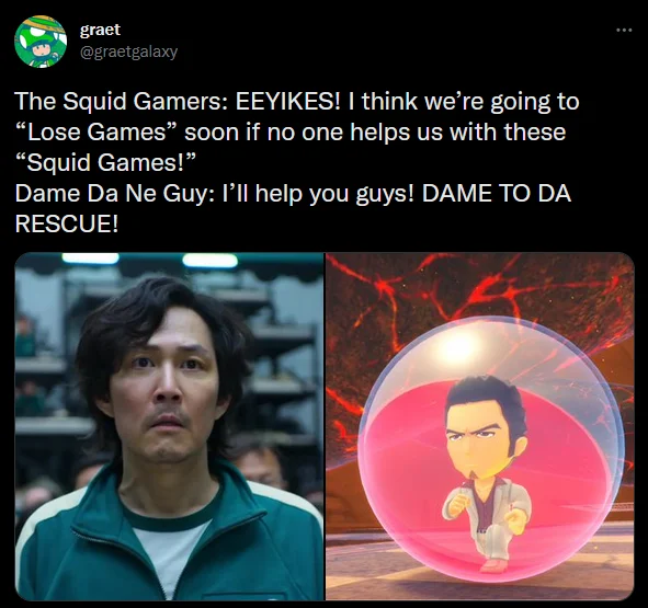 Tweet joking about Squid Game characters being saved by 'Dame Da Ne Guy' Kiryu