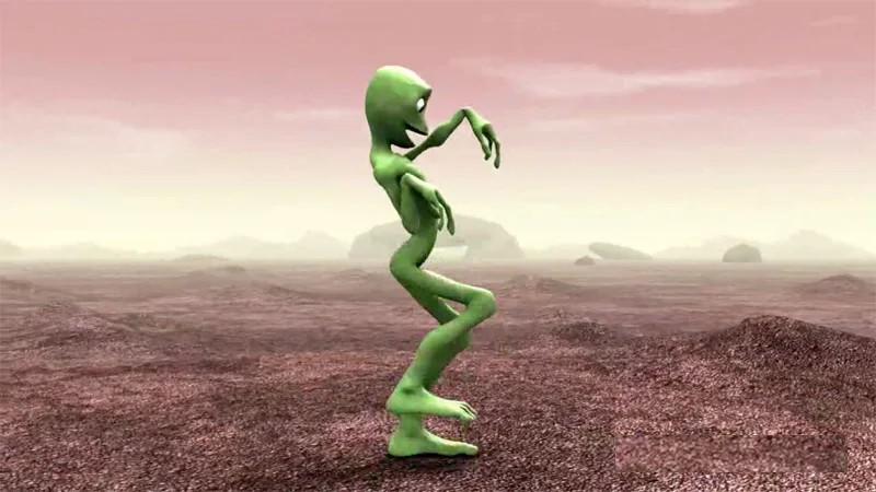 Green 3D alien dancing in a pink desert, from the Dame Tu Cosita challenge
