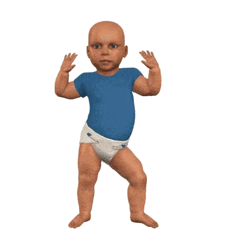 Original 3D Dancing Baby character in blue shirt and white diaper in signature dancing stance against blue-gray background.