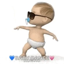Iconic 3D Dancing Baby with sunglasses and white diaper in classic dancing pose with 'BABY DANCE' text and heart emojis.
