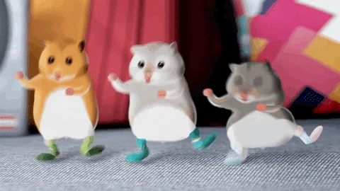 Dancing Hamster — Three adorable plush hamster toys in yellow, white, and grey posed in cheerful dancing positions against colorful decorative background.