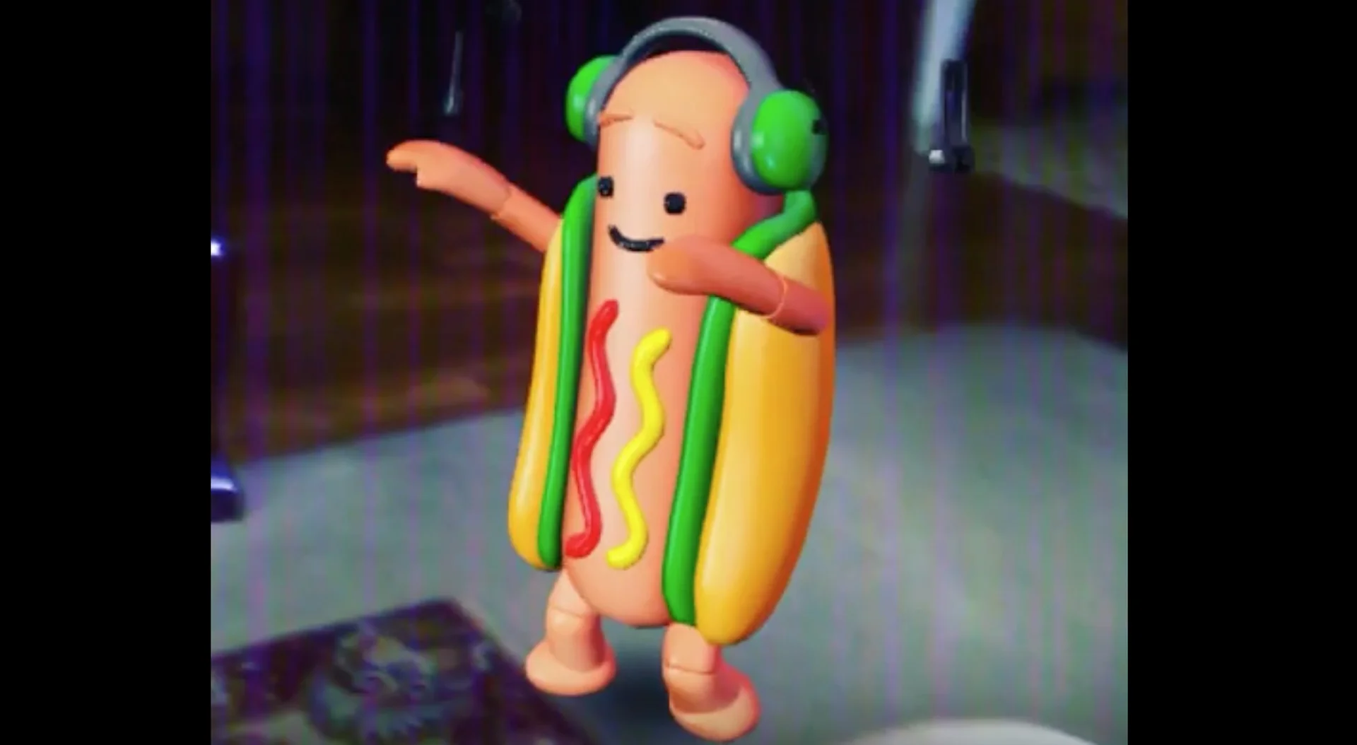 Dancing Hot Dog Snapchat Filter — 3D animated hot dog with green headphones dancing in a room