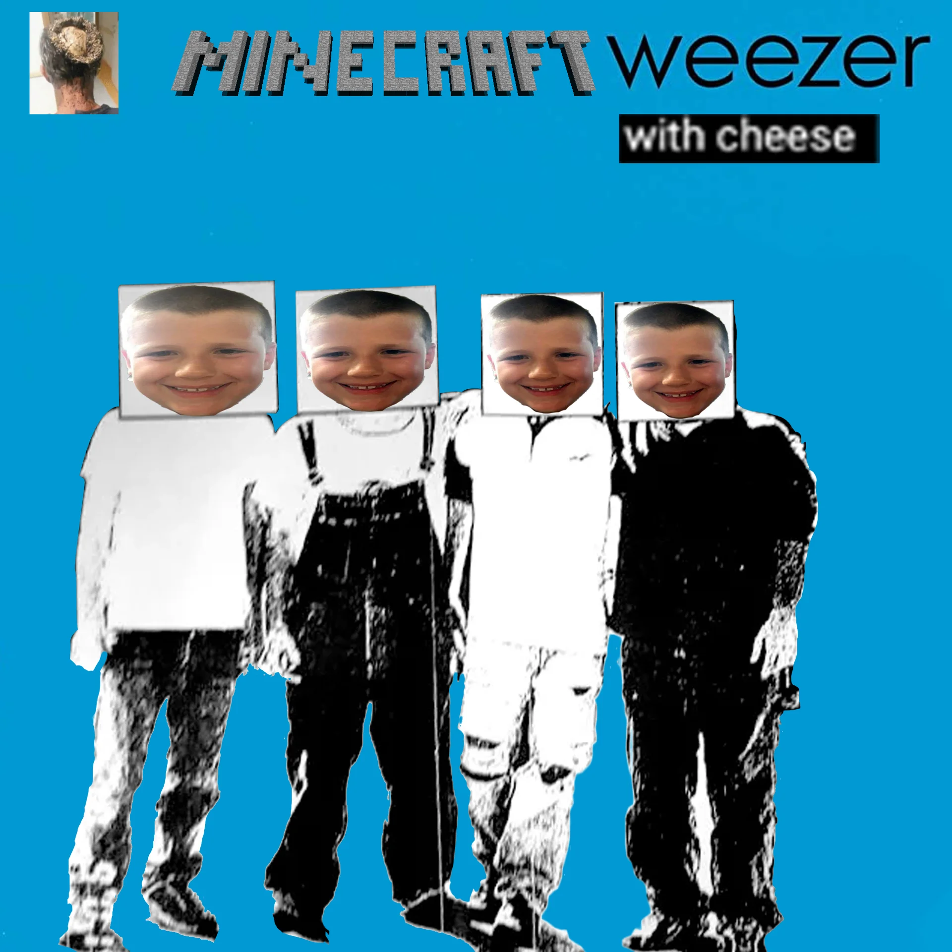 Meme edit of the four Dancing Israelis photo with a child's face over each figure and absurd 'Minecraft weezer with cheese' text
