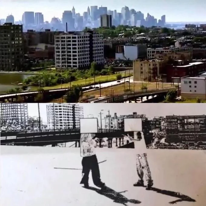 Dancing Israelis — Comparison showing Manhattan skyline and FBI photo of two redacted figures on a rooftop
