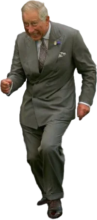 Dancing Prince Charles — PNG cutout of King Charles III in gray suit mid-stride in exaggerated dancing pose with transparent background.