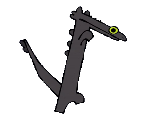 Minimalist illustration of elongated dancing Toothless with one large eye visible against dark navy background.
