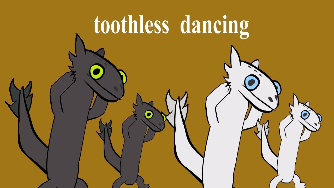 Dancing Toothless — Multiple stylized elongated Toothless figures in dancing poses against gold background with 'toothless dancing' text.