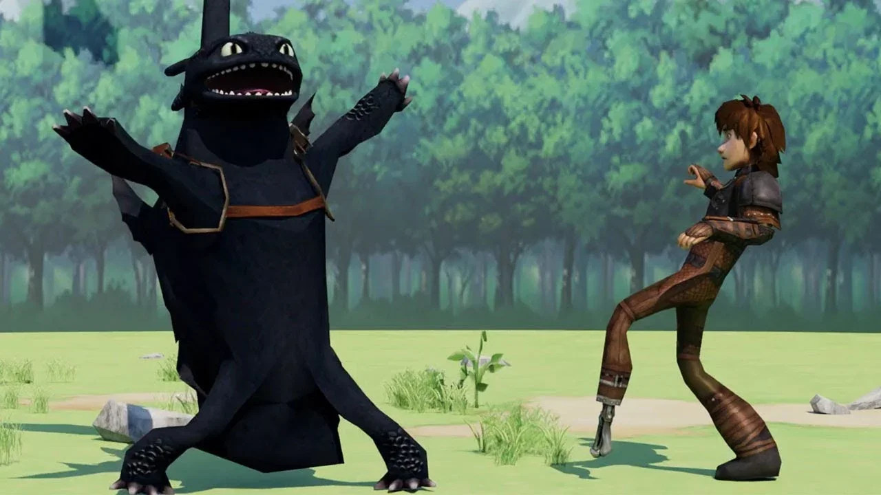 Dancing Toothless — Toothless dances with outstretched arms in celebratory pose alongside Hiccup in grassy forest setting.