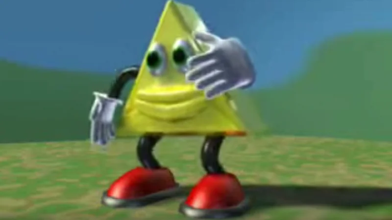 Dancing Triangle — 3D yellow triangle character with eyes, gloves, and red shoes dancing on grass