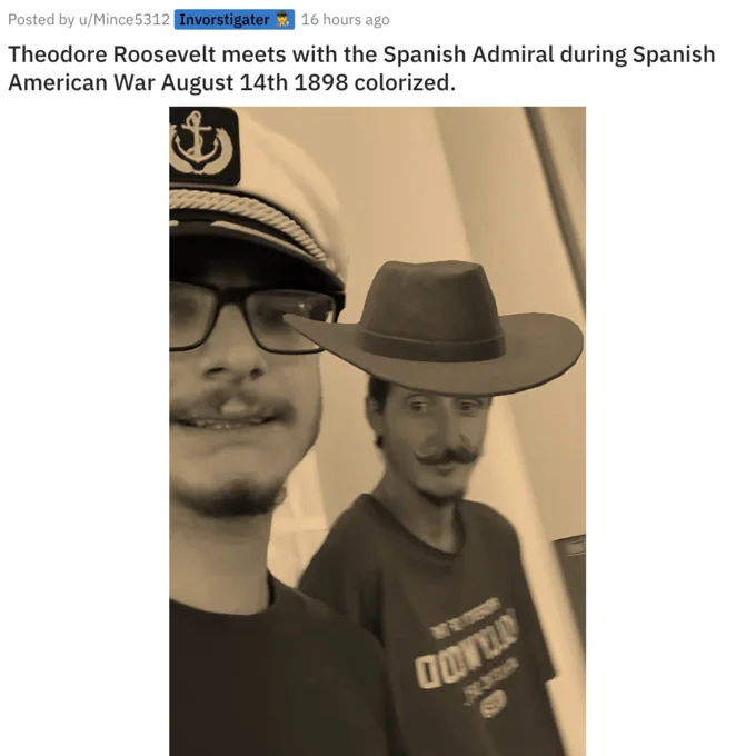 Daniel Larson X Joshua Block World Of T Shirts — Sepia-toned Block and Larson selfie captioned as Theodore Roosevelt meeting the Spanish Admiral