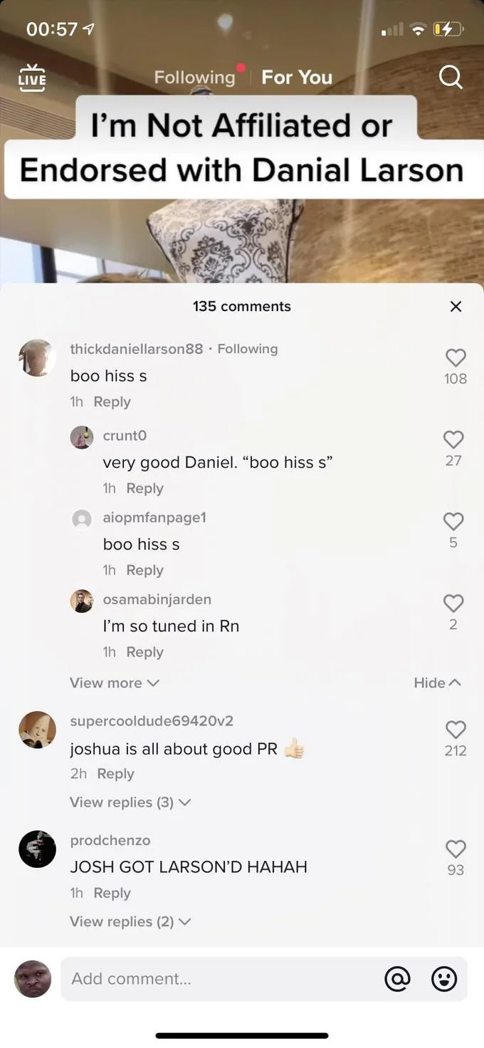 Daniel Larson X Joshua Block World Of T Shirts — TikTok comments section reacting to Joshua Block's video about Daniel Larson