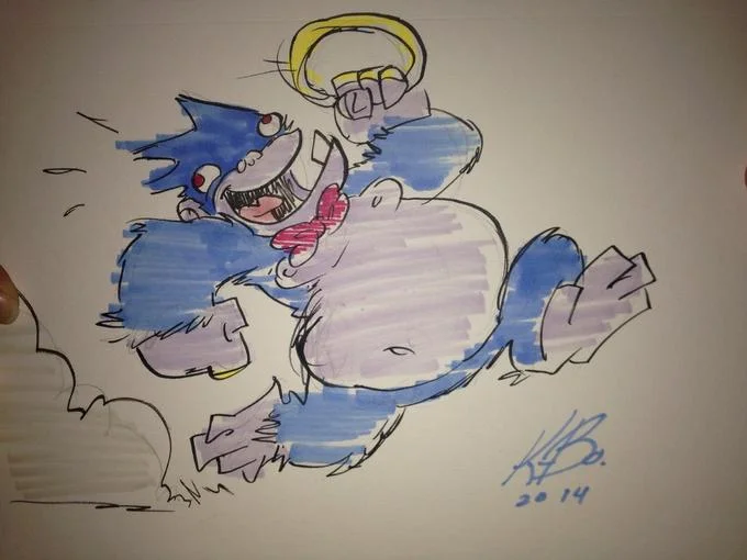 Marker drawing of Dankey Kang running with Sonic-style features and a gold ring