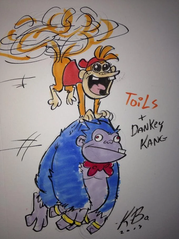 Drawing labeled 'Toils + Dankey Kang' showing a misspelled Tails atop a blue gorilla