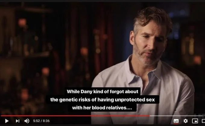 Dany Kind Of Forgot About The Iron Fleet — Edited Benioff interview subtitle joking about Dany forgetting incest genetic risks