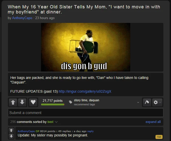 Imgur post screenshot about 16 year old sister moving in with boyfriend Daquan