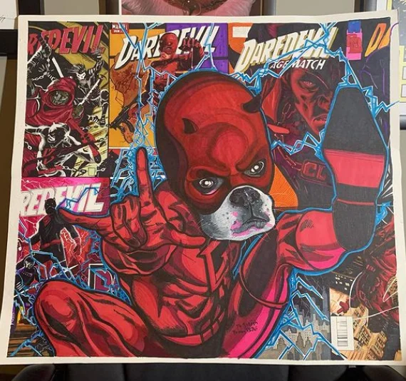 Illustration of Daredevil Dog in full superhero costume with comic book covers in the background