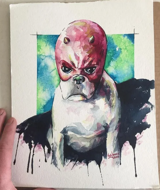 Watercolor fan art painting of the Daredevil Dog in a red mask