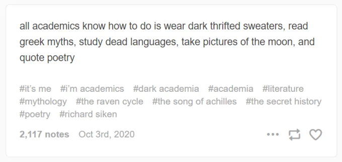 Viral Tumblr post screenshot listing dark academia stereotype behaviors including thrifted clothes, classical literature, dead languages, moon photography, and