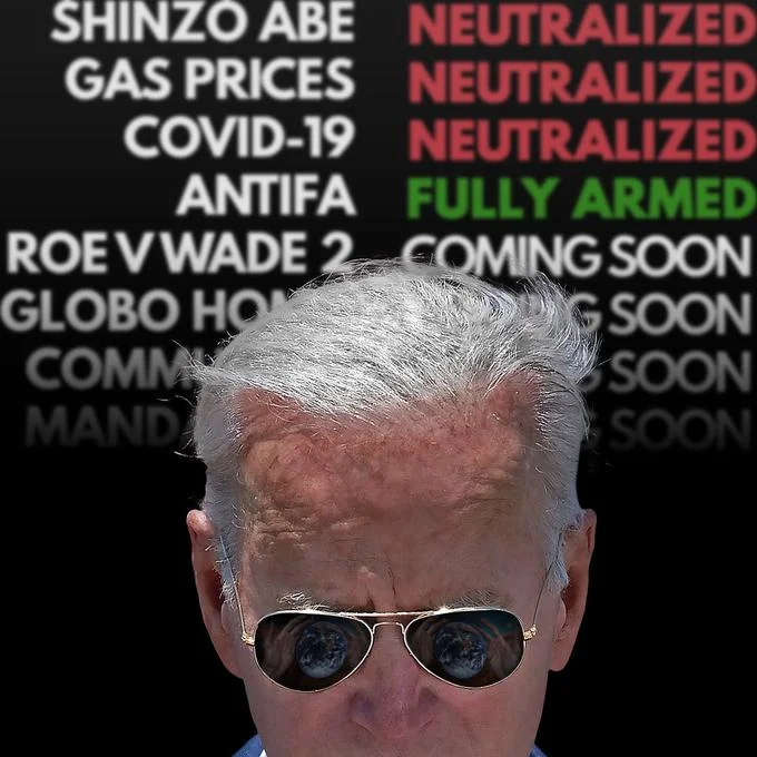 Dark Brandon — Dark demonic-edited Biden head with text overlay describing political accomplishments