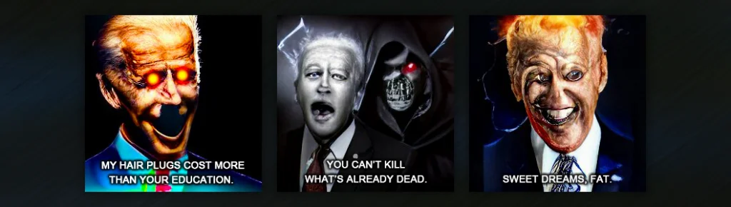 Dark Brandon — Grid of three digitally edited Biden images with dark demonic effects and fire overlays
