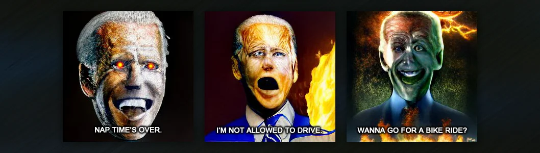 Three-panel Dark Brandon meme with demonic Biden edits and text labels