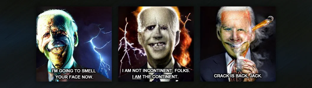 Dark Brandon — Three-panel grid of edited Biden images with dark effects and white text overlays