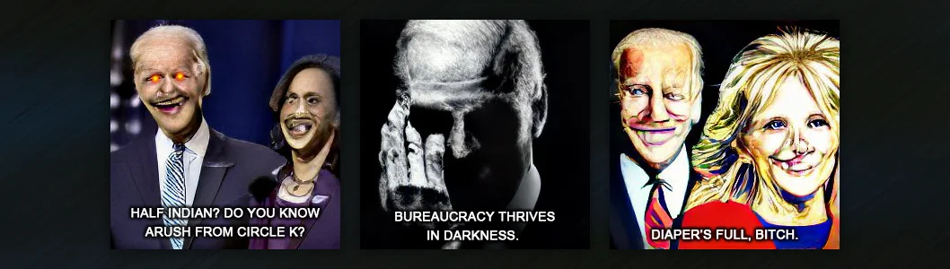 Dark Brandon — Five-panel grid of digitally edited political figures with dark demonic effects and text labels