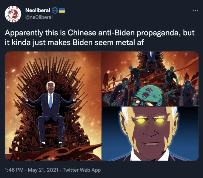 Twitter screenshot showing Dark Brandon Iron Throne and laser-eyed anime Biden imagery
