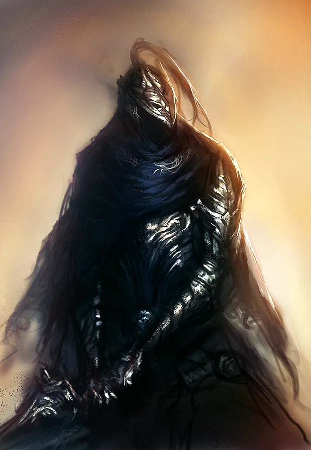 Dark Souls You Died — Dark fantasy digital painting of a cloaked armored figure in black robes with obscured face in misty light
