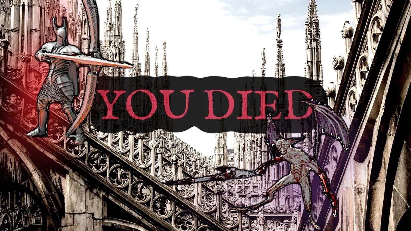 Dark Souls You Died — Bold red serif 'YOU DIED' text overlaid on high-contrast Dark Souls cathedral architecture image.