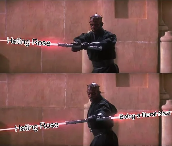 Darth Mauls Double Sided Lightsaber — Darth Maul double lightsaber meme with Hating Rose and Being a literal Nazi captions