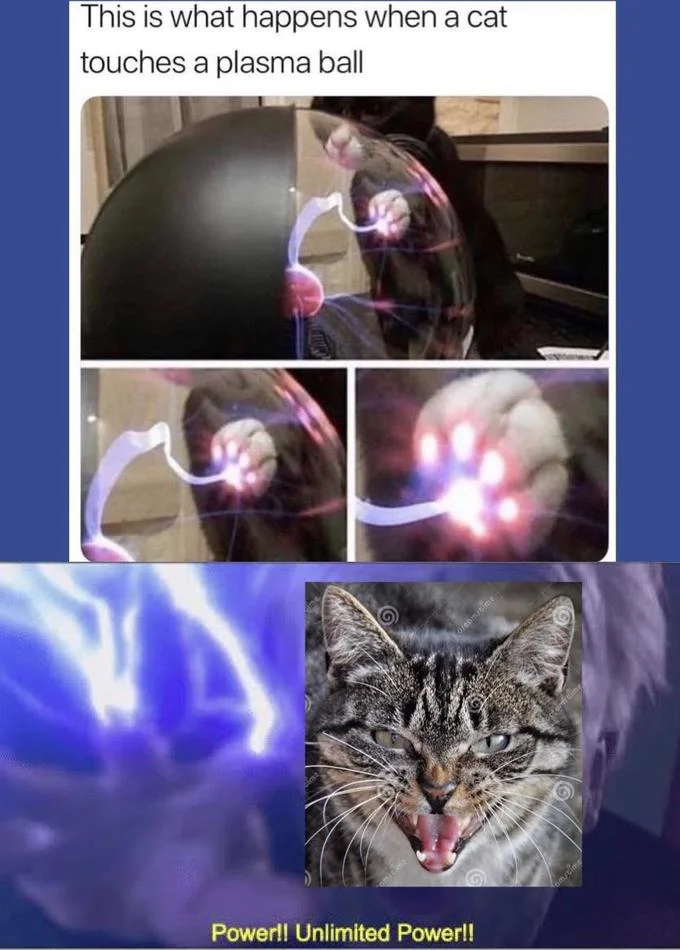 Darth Sidious Unlimited Power — Composite meme showing cat touching plasma ball at top with Darth Sidious unleashing force lightning captioned 'Power!